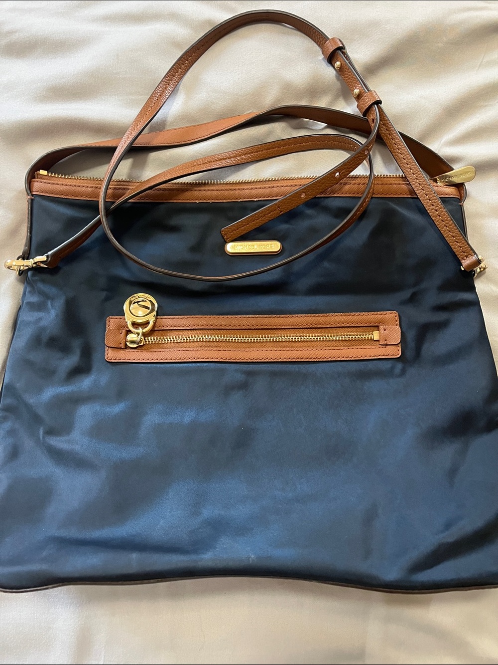 Michael Kors Navy Nylon Shoulder Bag with Brown Leather Trim